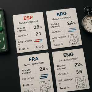 Flat-lay photo of an analyst’s desk with four color‑coded stat cards for Spain, Argentina,