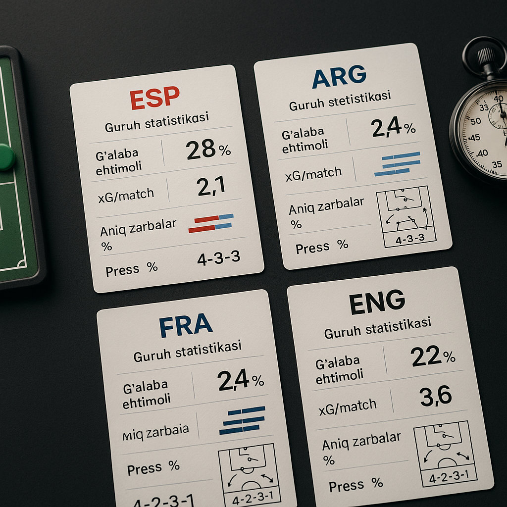 Flat-lay photo of an analyst’s desk with four color‑coded stat cards for Spain, Argentina,