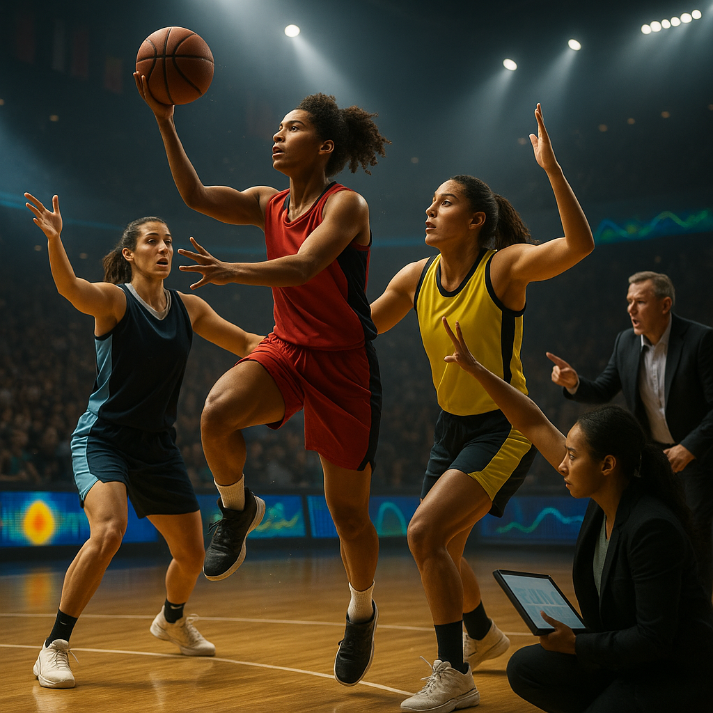 Editorial photo of an international women’s basketball play: a rising star drives for a